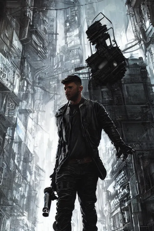 Image similar to a detailed full bodied matte portrait of an extremely handsome jensen ackles as time traveler walking down a dark alley of a futuristic dystopian cyberpunk city, holding a milkor mgl grenade launcher, aetherpunk, masterpiece, 8 k, art by greg rutkowski and albert bierstadt and arthur rackham and alphones mucha