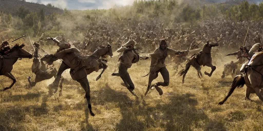 Image similar to promotional movie still rendered in 8 k hq 3 d octane ue 5, of an action shot from little bighorn, majestic action, focusing on the offset center of the scene, intense dramatic hdr, natural light, cinematic lighting, extremely high detail, photorealistic,