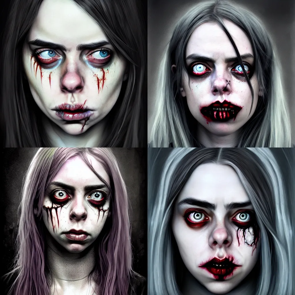 Image similar to gorgeous female Billie Eilish zombie, realistic character concept, medium shot, sarcastic pose, spooky, illustration, horror, symmetrical face and body, realistic eyes, artstation, cinematic lighting, hyperdetailed, detailed realistic symmetrical eyes, cgsociety, 8k, high resolution, Charlie Bowater, Tom Bagshaw, Norman Rockwell, single face, insanely detailed and intricate, beautiful, elegant, graveyard background, vfx, postprocessing