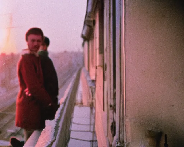 Image similar to lomo photo of pair standing on small hrushevka balcony full with cigarette smoke in small russian town looking at sunset, cinestill, bokeh