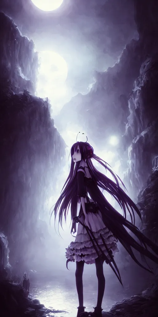 Image similar to full shot portrait of angry darkness cute anime girl under waterfall at moonlight, gothic wearing, inspired by Tim Burton, Norihiro Yagi, Marc Simonetti, Amano, Juri Misaki, detailed, unreal engine 4k volumetric light, fog,