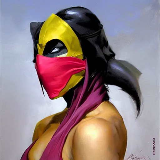 Prompt: greg manchess portrait painting of mileena from mortal kombat wearing a halfmask covering her mouth as overwatch character, medium shot, asymmetrical, profile picture, organic painting, sunny day, matte painting, bold shapes, hard edges, street art, trending on artstation, by huang guangjian and gil elvgren and sachin teng