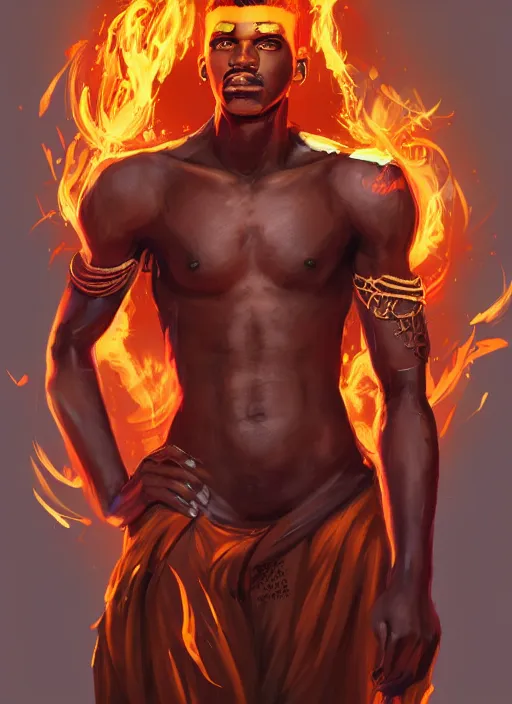 Image similar to a highly detailed illustration of attractive young african guy with flat top hair, with flaming tattoos, dramatic standing pose, intricate, elegant, highly detailed, centered, digital painting, artstation, concept art, smooth, sharp focus, league of legends concept art, wlop