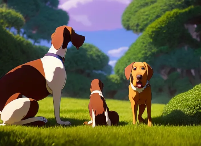 Image similar to a wholesome animation key shot of all brown pointer dog, studio ghibli, pixar and disney animation, sharp, rendered in unreal engine 5, anime key art by greg rutkowski, bloom, dramatic lighting