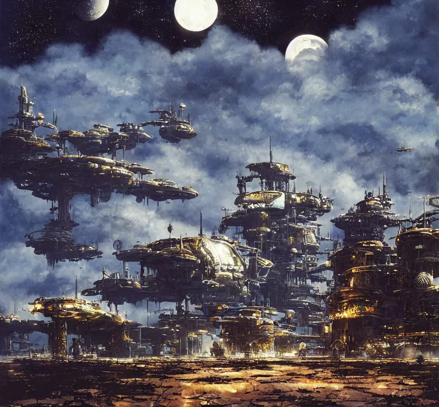 Prompt: metal waning moon matte painting, peter elson, chris foss, john berkey