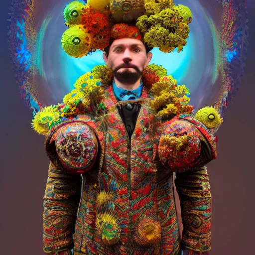 Image similar to Colour Caravaggio and mandelbulb 3d fractal style full body portrait Photography of Highly detailed Man wearing detailed Ukrainian folk costume designed by Taras Shevchenko with 1000 years perfect face wearing highly detailed retrofuturistic VR headset designed by Josan Gonzalez. Many details In style of Josan Gonzalez and Mike Winkelmann and andgreg rutkowski and alphonse muchaand and Caspar David Friedrich and Stephen Hickman and James Gurney and Hiromasa Ogura. Rendered in Blender and Octane Render volumetric natural light