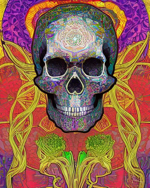 Image similar to skull carving art surrounded by varities of superhot chili peppers, cell shading, voronoi, fibonacci sequence, sacred geometry by Alphonse Mucha, Moebius, hiroshi yoshida, Art Nouveau, colorful, ultradetailed, vivid colour, 3d