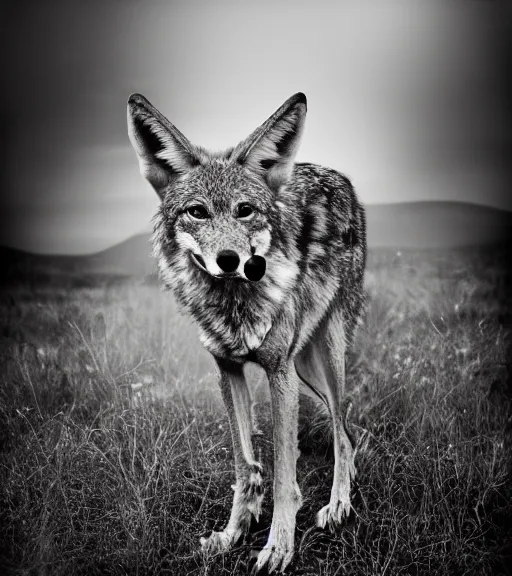 Image similar to Award winning Editorial photo of a wild coyote with dinner by Edward Sherriff Curtis and Lee Jeffries, 85mm ND 5, perfect lighting, gelatin silver process