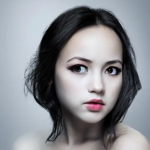 Image similar to photograph of girl with big forehead with square face and small bird beak lips and small round nose and dark black, high detail 8k,