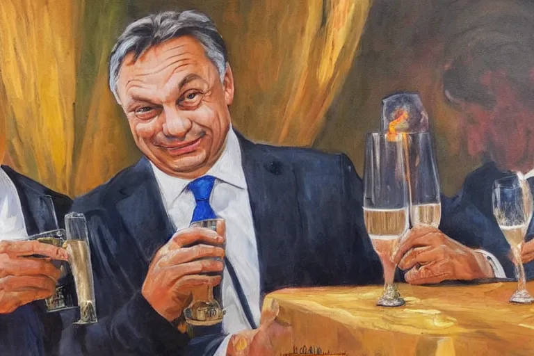 Image similar to viktor orban drinking champagne with putin in front a burning city, highly detailed eyes, oil painting