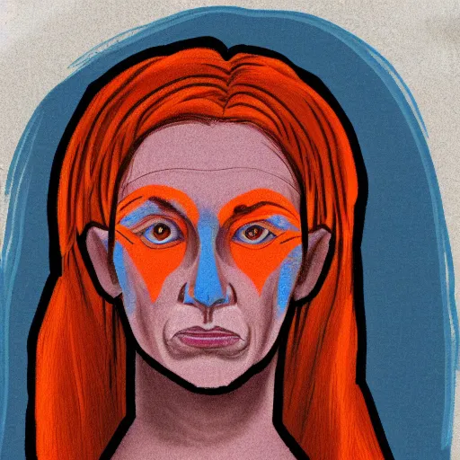 Image similar to illustrated portrait of ugly ram-horned woman with orange skin and blue hair