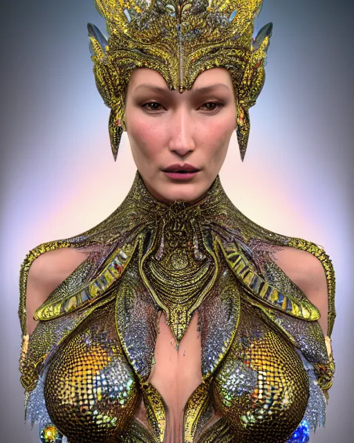 Image similar to a highly detailed metahuman 8 k close up render portrait of an alien goddess bella hadid as nymph in iris van herpen dress schiaparelli in diamonds crystals swarovski and jewelry iridescent in style of alphonse mucha gustav klimt trending on artstation made in unreal engine 4