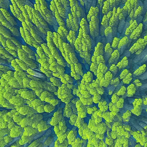 Image similar to a top down view of a digital painting of a thick pine tree forest