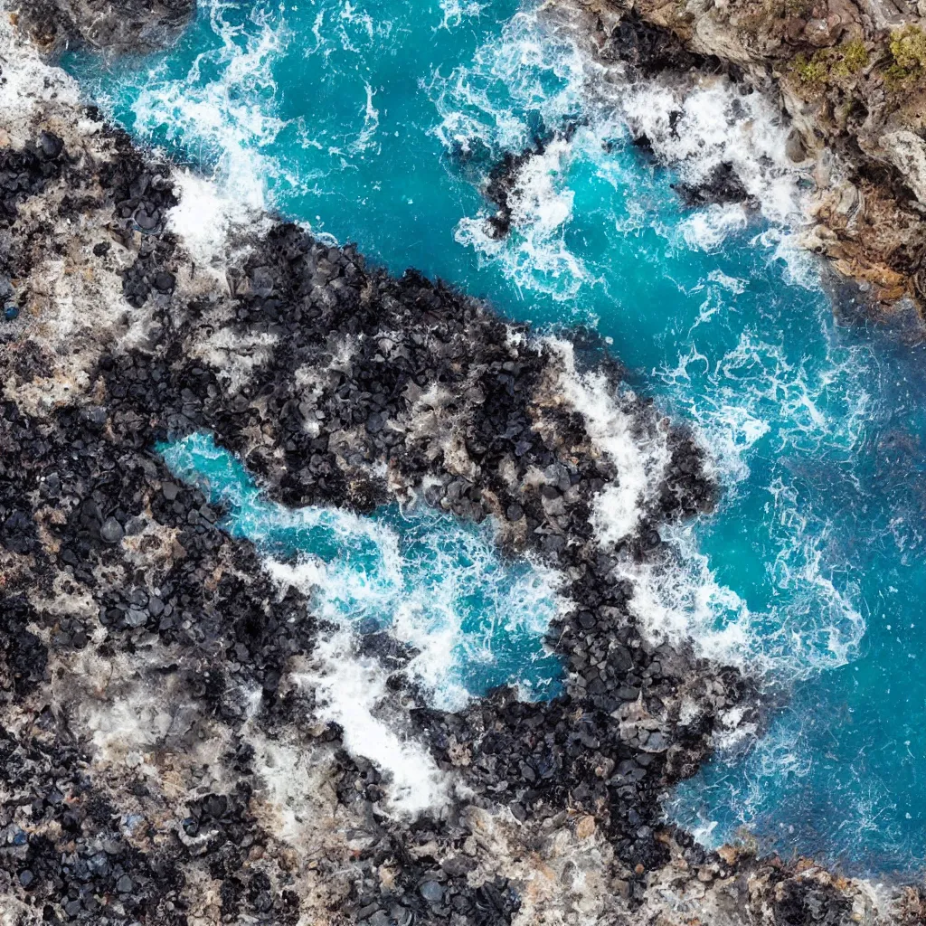 Image similar to obsidian, lava, seagulls, iguanas, ocean breaking waves