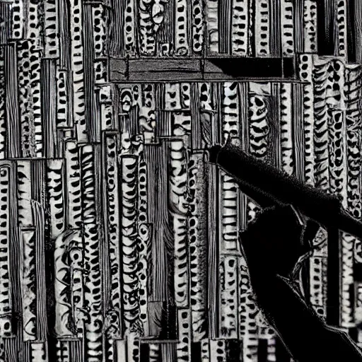 Prompt: close-up scene neighbor holding a drill and drilling holes in a room, all wall is drilled with holes, manga, black and white manga horror in style of junji ito, kentaro miura