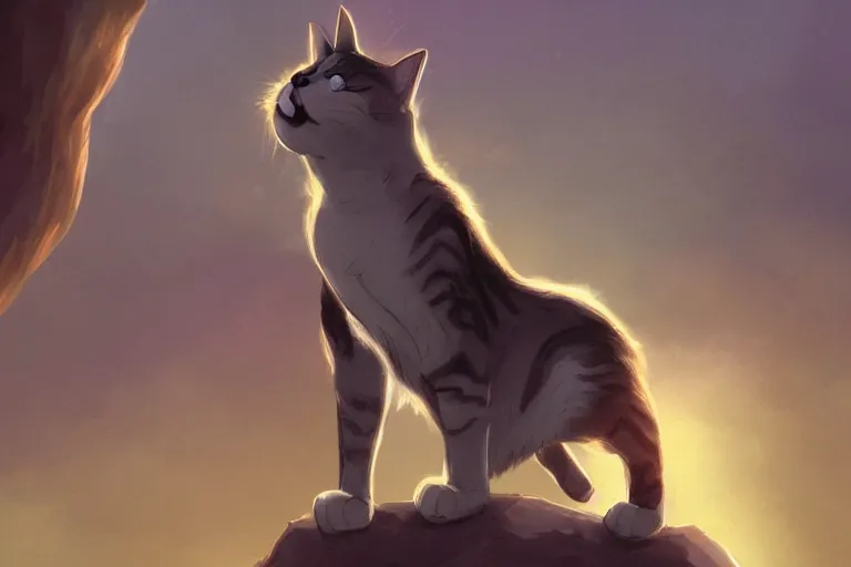 Prompt: cat standing on a rock in front of a crowd of cats, dramatic, backlighting, trending on artstation, digital art, trending on furaffinity, by kawacy