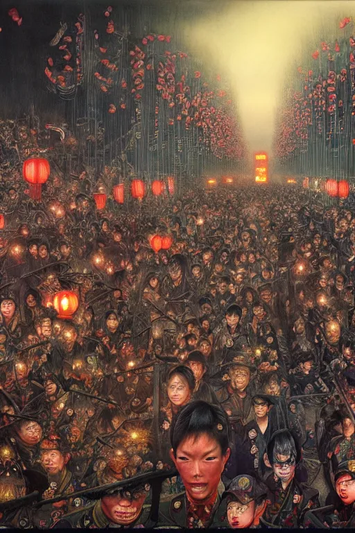 Image similar to 中 国 鬼 节, long procession of the dead is queuing up on the naihe bridge. psychedelic lights and fog, zdzislaw, ayami kojima, yamamoto, barclay shaw, karol bak, hyperrealist, 8 k