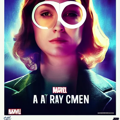 Image similar to a marvel poster with a woman wearing a suit, ray tracing, high contrast