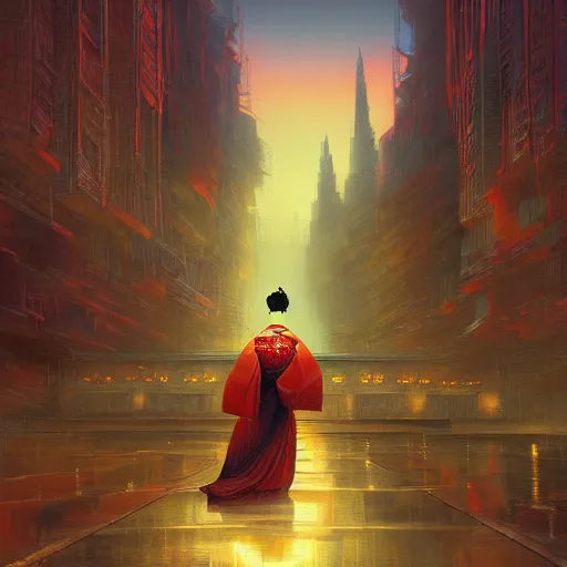 Image similar to portrait of geisha, atmospheric lighting, painted, intricate, volumetric lighting, beautiful, rich deep colours masterpiece, sharp focus, ultra detailed, in the style of Dan Mumford and marc simonetti, futuristic temple in the background,