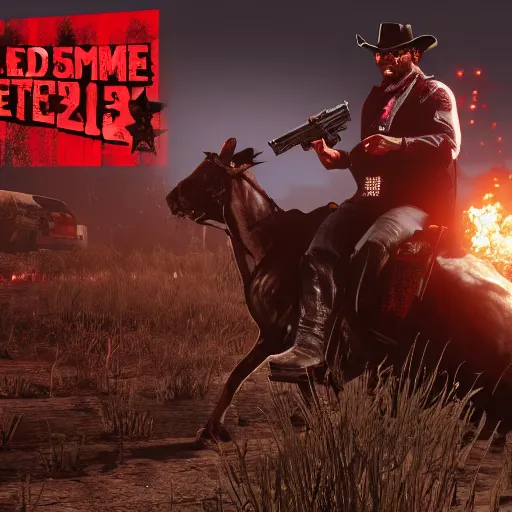 Image similar to Duke Nukem in Red Dead Redemption 2, Duke Nukem art style, explosive background