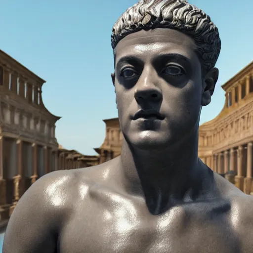 Image similar to rami malek as gorgeous statue of ancient roman emperor, 3 d photorealistic, high resolution render, museum photoshot, 8 k