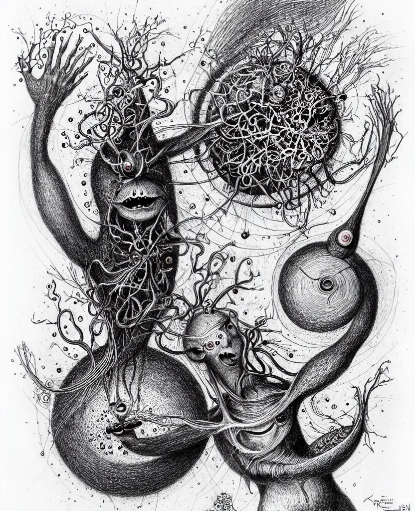 Image similar to whimsical freaky creature sings a unique canto about'as above so below'being ignited by the spirit of haeckel and robert fludd, breakthrough is iminent, glory be to the magic within, ballpoint drawing by ronny khalil