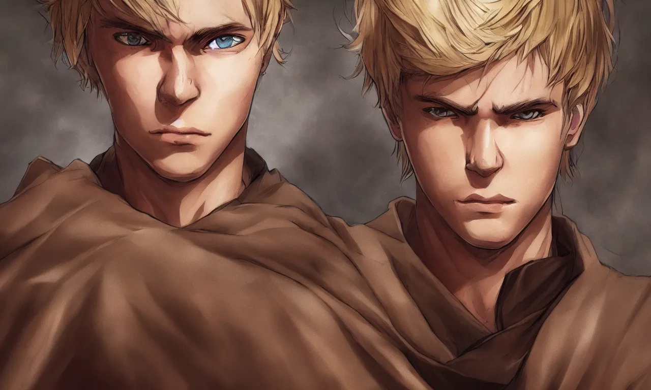 Image similar to solo portrait of blonde boy with golden eyes wearing a brown cape, anime screenshot, mappa studio artstyle, hyper realistic, pale skin, 4 k, rule of thirds, extreme detail, detailed drawing, trending artstation, hd, fantasy, realistic lighting, sharp focus, backlit,