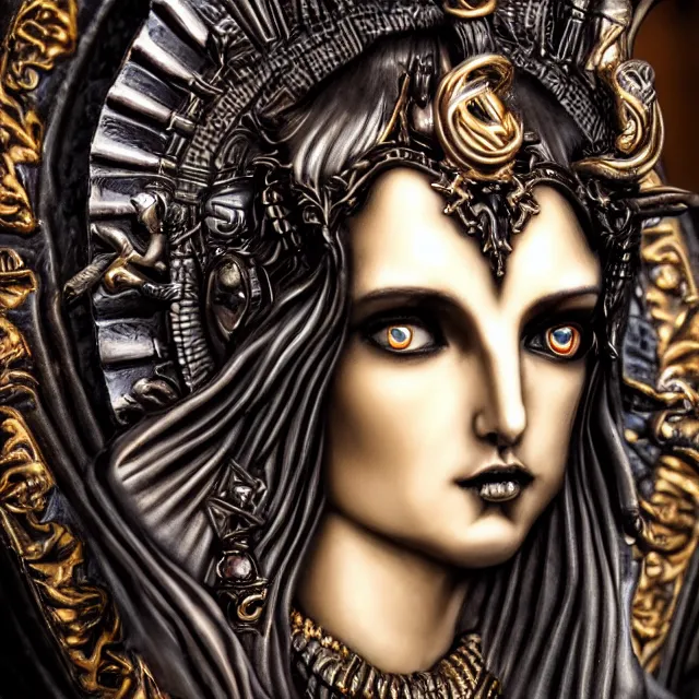 Image similar to centered portrait, close up, candid photography, goddess of death, by anne stokes, updo, highly detailed, accurate