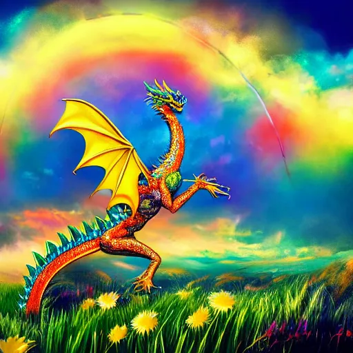 Image similar to rainbow dragon sits on a large pile of gold and gems in a field of daisies, blue clear sky, neon color, highly detailed, digital painting, artstation, concept art, matte, sharp focus, impressionnisme