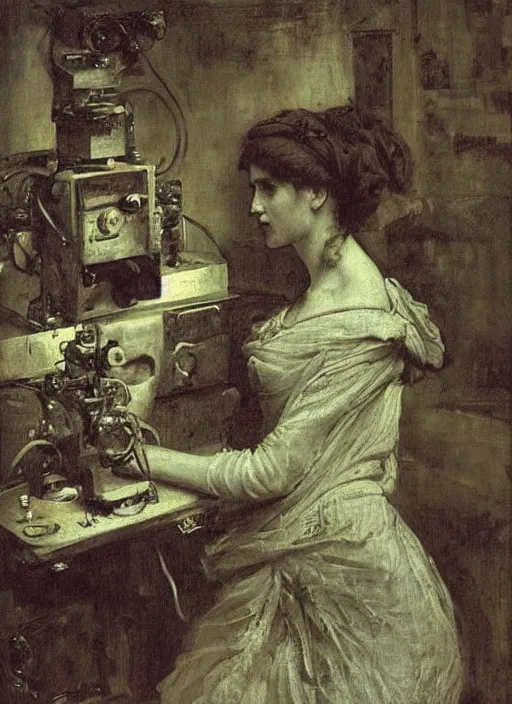 Image similar to portrait of beautiful connected to machine, complex, award - winning, by benjamin - constant, jean - joseph