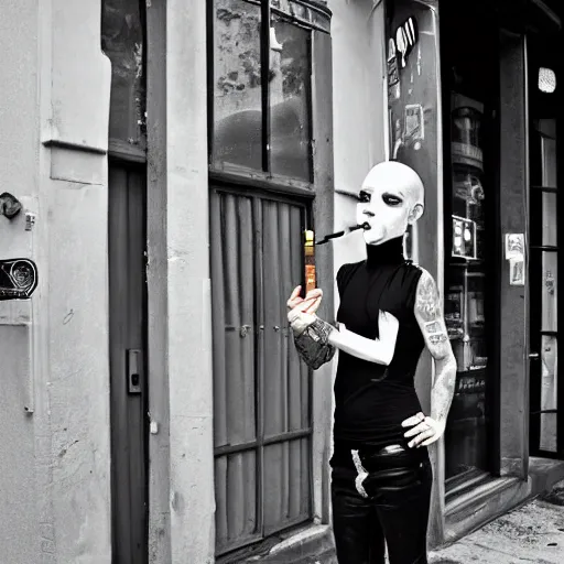 Image similar to androgynous punk smoking cigarette outside bar, photo iphone