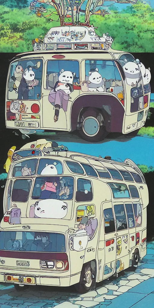 Image similar to a panda bus in japan like totoro, 1990s anime, full color, tarot card the chariot, highly detailed ,