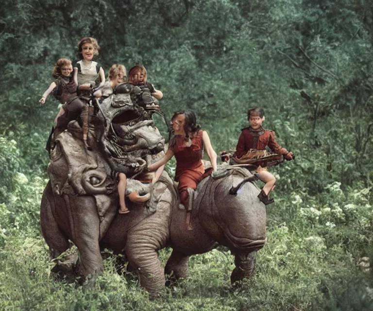 Prompt: 35mm still from a sci fi blockbuster movie made in 2022, set in 1860, of a family riding on the back of alien hippos, on an alien planet, across an alien landscape that is full of strange wild alien plants and flowers, the family are wearing 1850s era clothes, cinematic lighting, 4k, in focus faces, good quality lighting, good quality photography, oscar winner