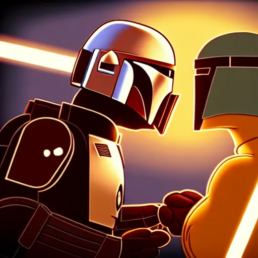 Image similar to mando from mandalorian kissing peter parking from family guy ultra realistic, lens flare, atmosphere, glow, detailed, intricate, full of colour, cinematic lighting, trending on artstation, 4 k, hyperrealistic, focused, extreme details, unreal engine 5, cinematic, masterpiece, ultra realistic, hyper realistic, highly detailed, sharp focus, digital art