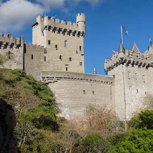 Prompt: the castle is built of a pale stone that almost seems to glow in the jungle light. it is surrounded by a high wall, and the gates are guarded by two massive towers. the windows are arched and stained glass glimmers in the sun. the roof is peaked and there are balconies and turrets dotted along the length of the castle