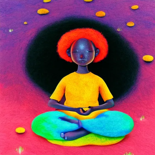 Prompt: a black girl with a colorful afro and big beautiful eyes meditating in a mushroom zen garden, bokeh, bright colors, synthwave, watercolor, volumetric wool felting, macro photography, children illustration, by goro fujita