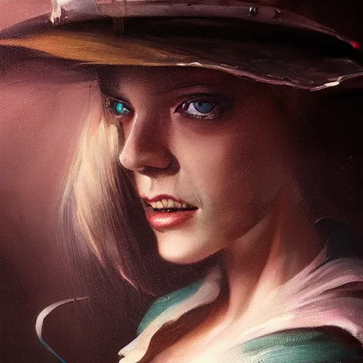 Image similar to closeup portrait of alice in wonderland, dramatic lighting, city background, chiaroscuro, high detail, painted by greg rutkowski, painted by igor kieryluk, painted by bobby chiu, trending on artstation