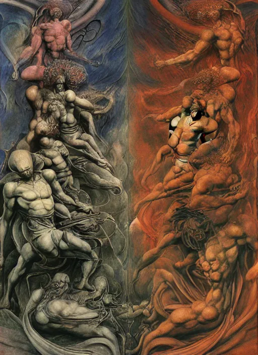 Prompt: battle between good and evil , battle between angels and demons, psx game graphics , painting by Beksinski and Moebius and Takato Yamamoto, by William Blake, Austin Osman Spare, high resolution, ultra detailed