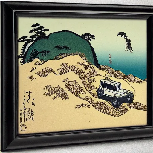 Image similar to a Jeep on a cliff by Hokusai