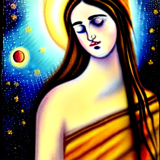 Image similar to beautiful ancient greek girl dreaming of galaxies, painting