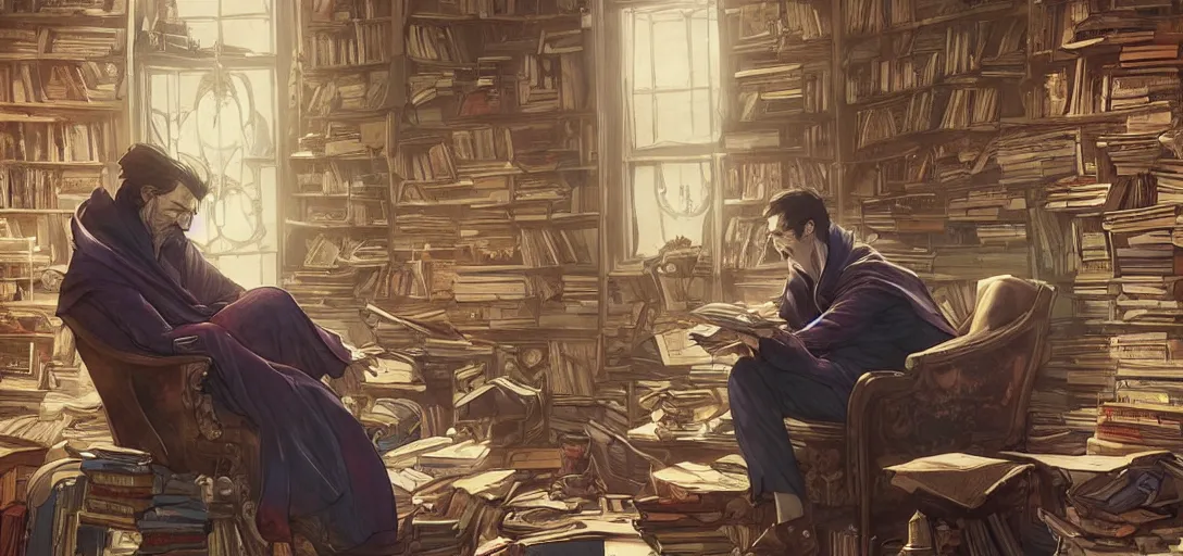 Image similar to a sad dr strange sitting alone in his room in a large chair, books messy about the room, sad, somber, by Stanley Artgerm Lau, WLOP, Rossdraws, James Jean, Andrei Riabovitchev, Marc Simonetti, krenz cushart