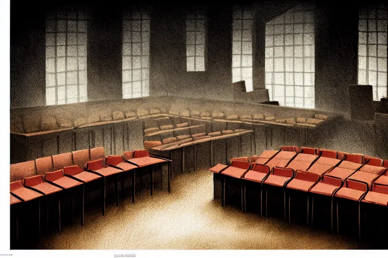 Image similar to editorial illustration by Karolis Strautniekas and Mads Berg, colorful, courtroom the bench,trial, witness stand on fire,fine texture,detailed, matte colors,film noir, dramatic lighting, dynamic composition,moody, vivid