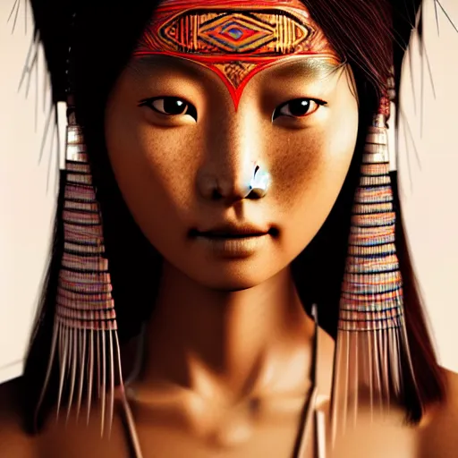 Image similar to portrait of a stunningly beautiful asian tribal female, depth of field, zeiss lens, detailed, symmetrical, centered, fashion photoshoot, by annie leibovitz and steve mccurry, david lazar, jimmy nelsson, breathtaking, 8 k resolution, extremely detailed, beautiful, establishing shot, artistic, hyperrealistic, beautiful face, octane render