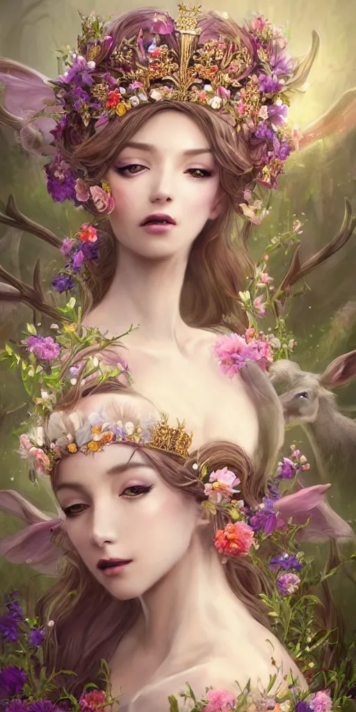Prompt: A beautiful fantasy empress, just one head, flower tiara, long hair, wearing dramatic aristocrat robe, delicate figure, field of fantasy flowers, foxes and deer, epic composition, ultra wide-shot, dynamic pose, concept art, dramatic lighting, digital painting, smooth, character design, ((sharp focus)), elegant, intricate, trending on artstation, by WLOP and James Jean and Victo Ngai