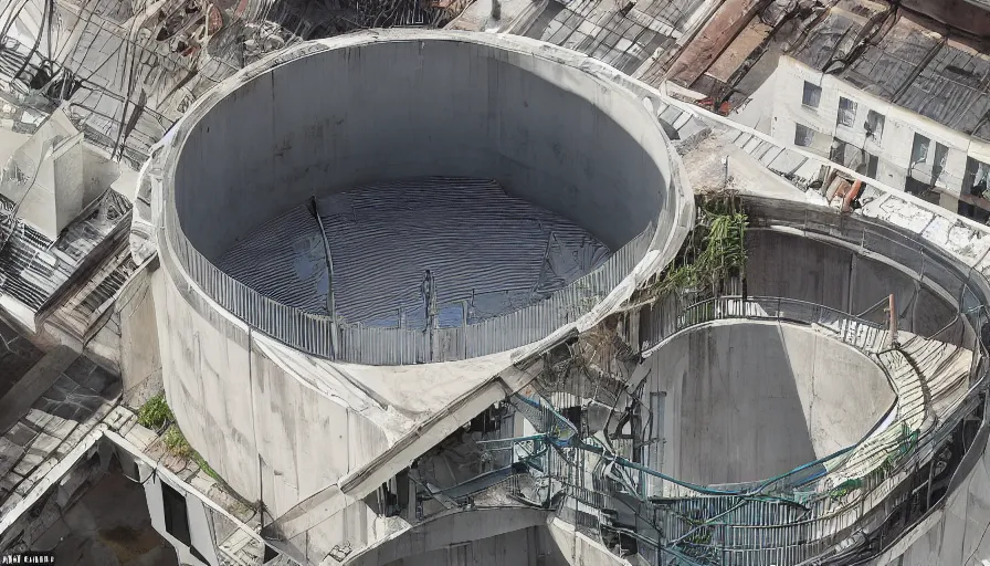 Image similar to the internal structure of modern american apartments is four stories high and there is a huge water storage tank on the roof