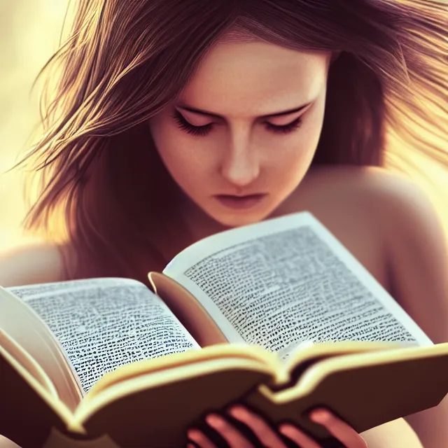 Prompt: a girl reading a book, her hair flowing down, highly detailed, 4 k, hdr, smooth, sharp focus, high resolution, award - winning photo, artgerm, photorealistic