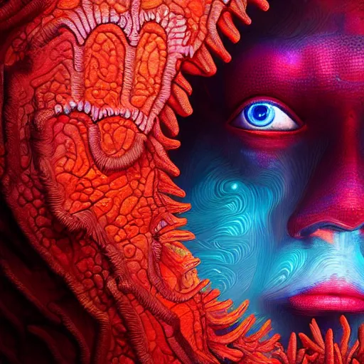 Image similar to Face of a Alien Deity, corals, plume made of geometry, extremly detailed digital painting, sharp focus in the style of android jones, artwork of a futuristic artificial intelligence superstar, mystical colors, rim light, beautiful lighting, 8k, stunning scene, raytracing, octane, under water visual distortion, dark tones colors, trending on artstation