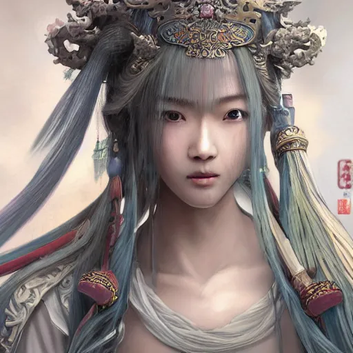 Image similar to dynamic composition, motion, ultra-detailed, incredibly detailed, a lot of details, amazing fine details and brush strokes, colorful and grayish palette, smooth, HD semirealistic anime CG concept art digital painting, watercolor oil painting of epic angel girl, from Three Kingdoms, by a Chinese artist at ArtStation, by Huang Guangjian, Fenghua Zhong, Ruan Jia, Xin Jin and Wei Chang. Realistic artwork of a Chinese videogame, gradients, gentle an harmonic grayish colors.