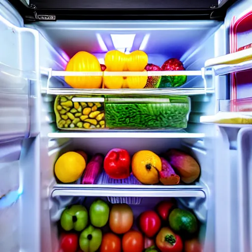 Image similar to fridge full of food, highly detailed, high quality, HD, 4k, 8k, Canon 300mm, professional photographer, 40mp, lifelike, top-rated, award winning, realistic, sharp, no blur, edited, corrected, trending