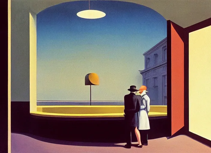 Image similar to two peculiar people with distinct personalities interacting in am urban setting, close - up of the faces : : surreal 7 0's architecture with an open ceiling, absurd designfurniture : : surrealist oil painting by edward hopper, francis bacon, dora maar and rene magritte